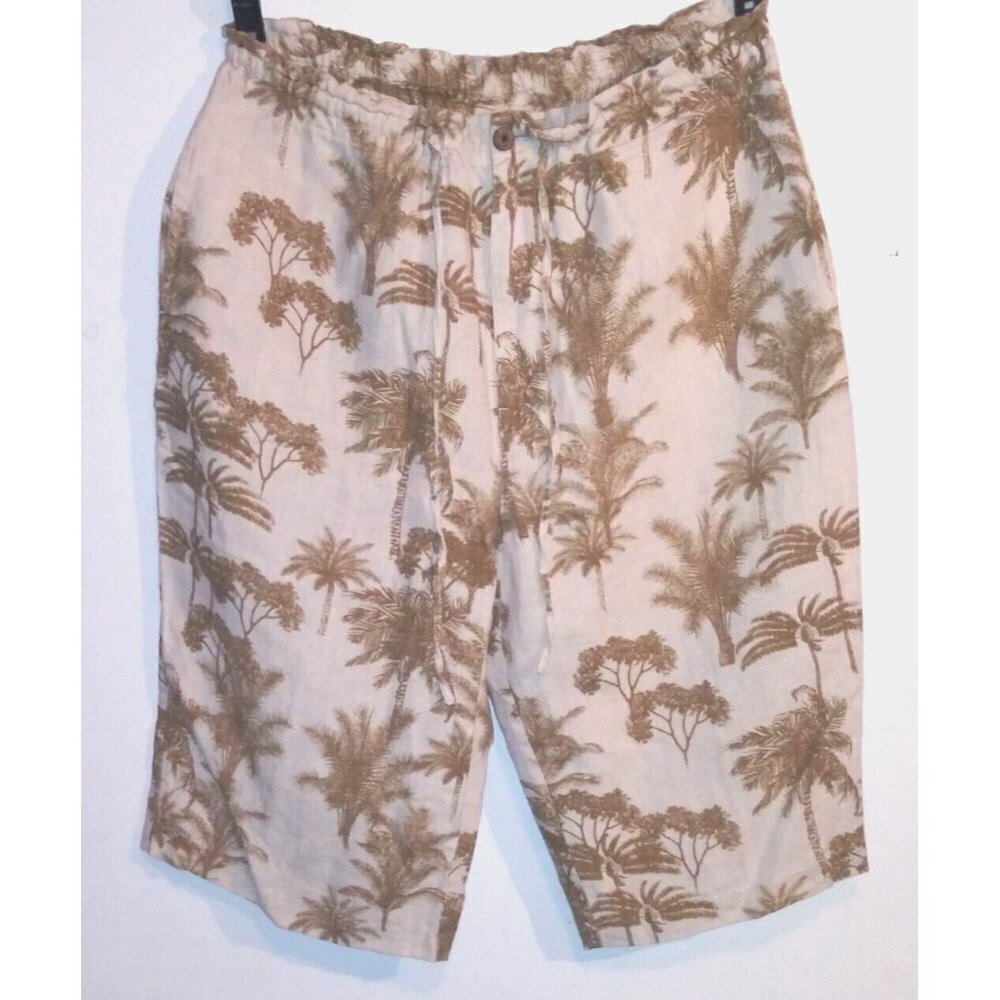 JAMAICA BAY Bermuda Shorts 100% LINEN Sz M biege brown tropical print elastic EC